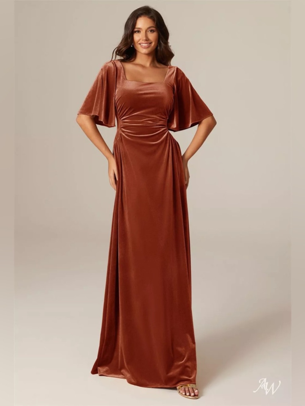AW Bridal Eleanor Burnt Orange Velvet Square-Neck Dress with Flutter Sleeves